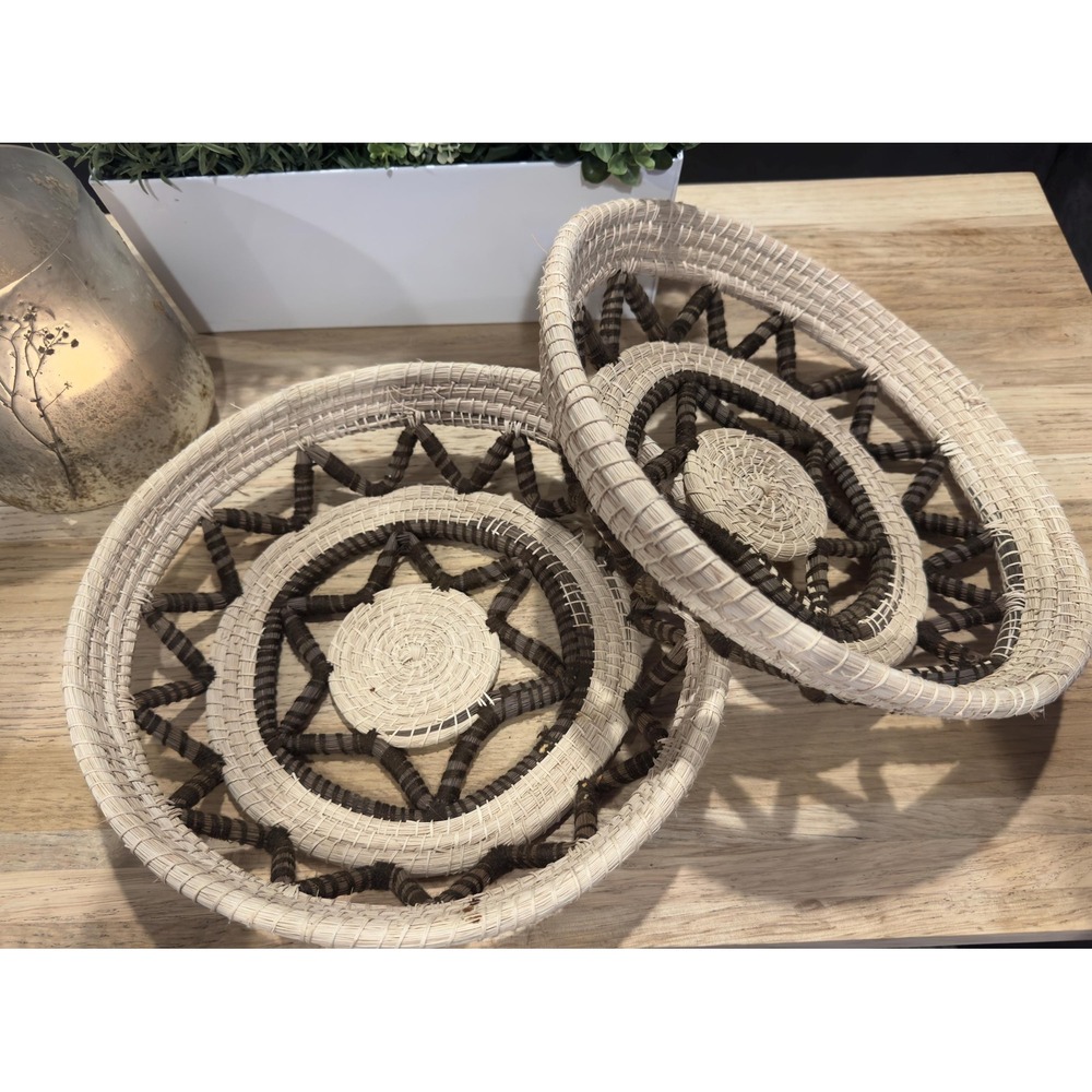 Woven Baskets Set of 2 Tan & Brown –Boho Wall Decor Round Rustic Home Accents 12